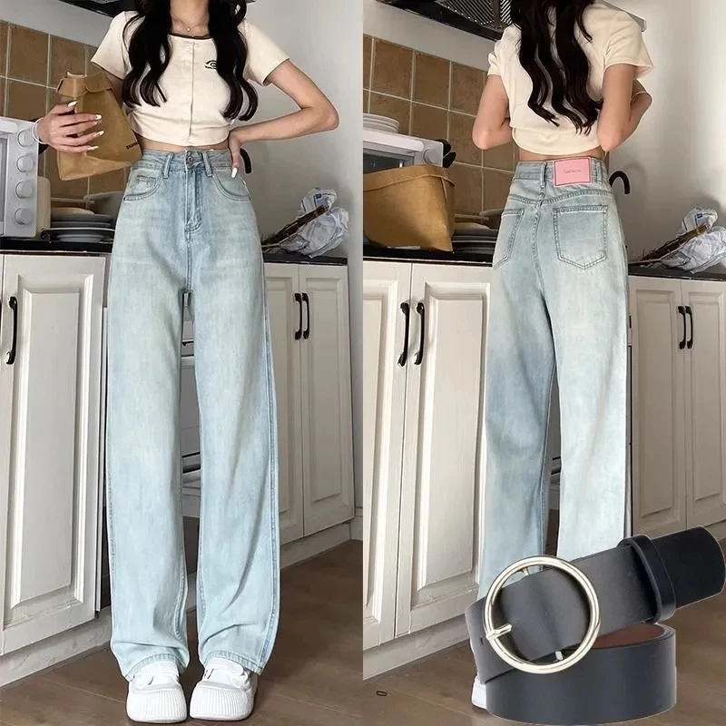 Корейские женские драпированные напольные брюки с завышенной талией джинсы