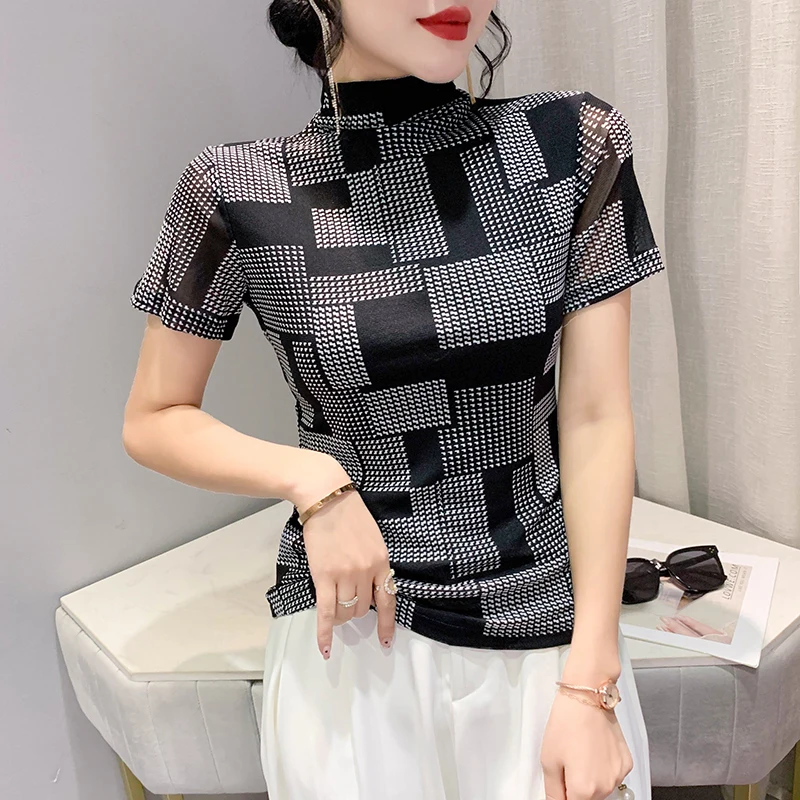 

Summer European Clothes Mesh Thin T-Shirt Fashion Sexy Mock Neck Print Women Tops Short Sleeve Bottoming Shirt 2022 New Tee 9448