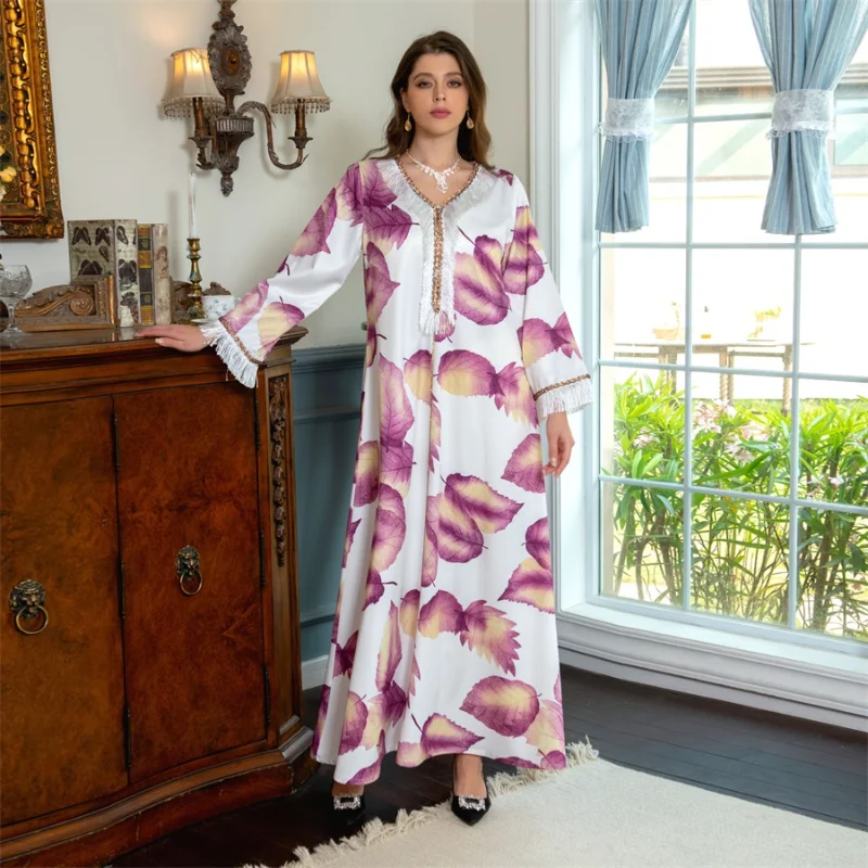 Moroccan Jalabiyas Fashion Big Leaf Print Muslim Rhinestone Tassel Tape Trim Dubai Turkey Abaya Dress Corban Eid Al Adha 2023
