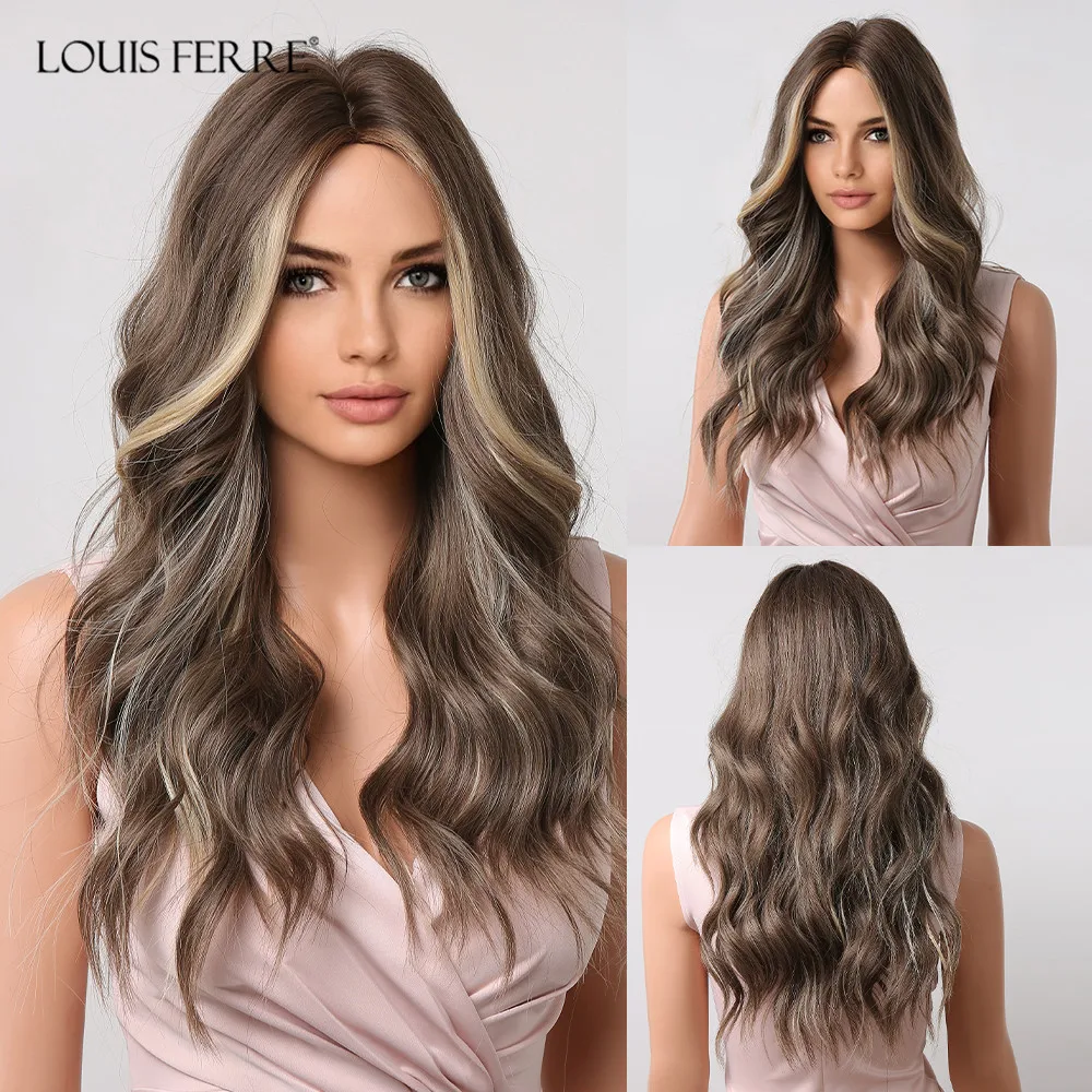 

LOUIS FERRE Light Brown Wavy Synthetic Hair Wig Long Brown Mixed Blonde Highlight Wig Natural Daily Costume Heat Resistant Fiber
