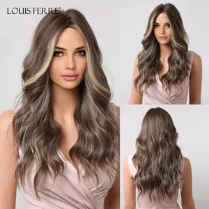 LOUIS FERRE Light Brown Wavy Synthetic Hair Wig Long Brown Mixed Blonde Highlight Wig Natural Daily Costume Heat Resistant Fiber