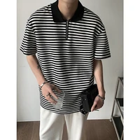 summer cotton lapel t shirt men fashion casual striped t shirt men korean loose short sleeved t shirt mens zipper polo shirt