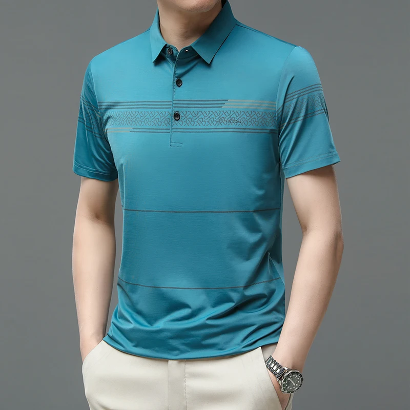 

TFETTERS Brand Business Men T Shirt Turn-Down Collar Short Sleeve T Shirts for Men Fashion Striped Print Casual Men T Shirts Men