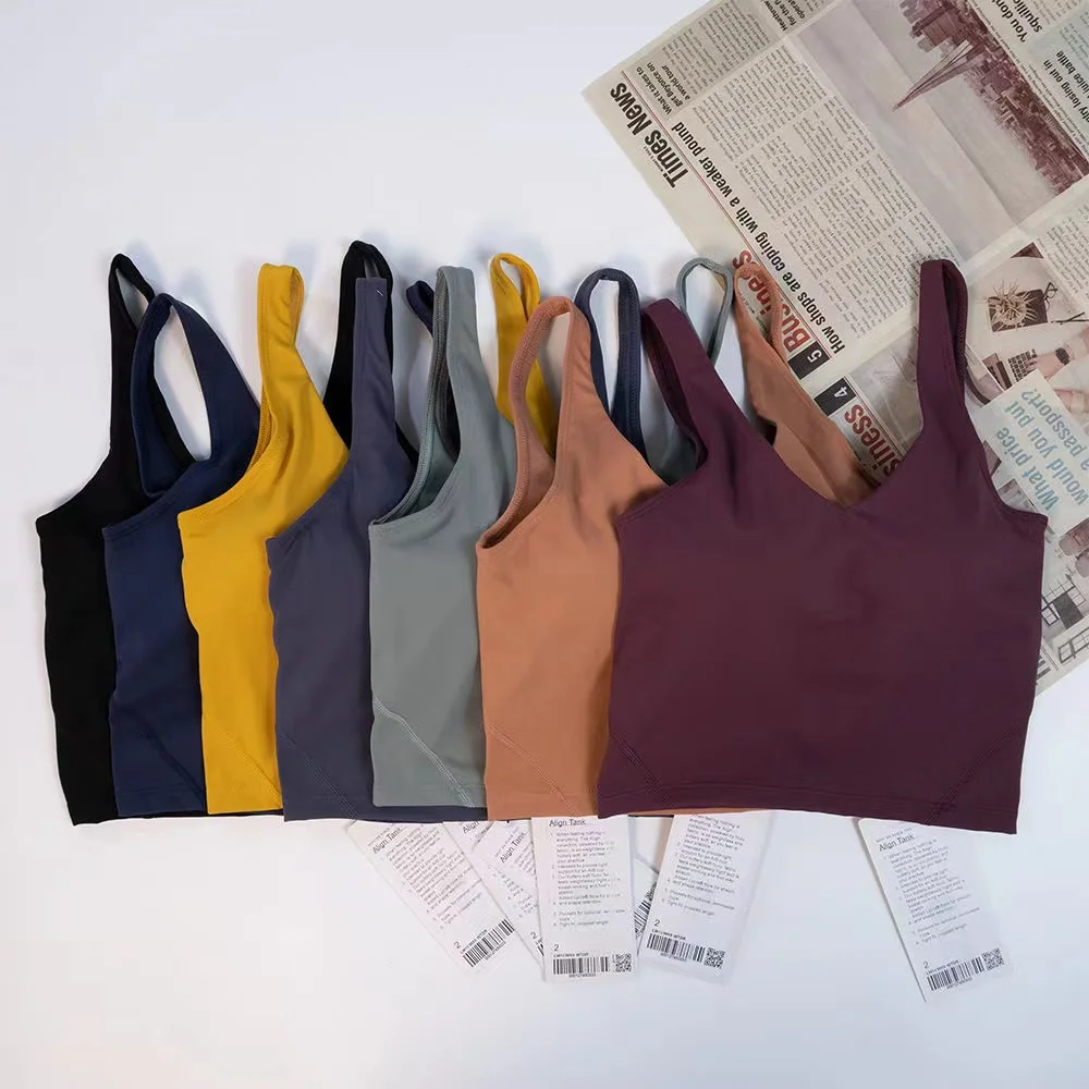 Lulu women Summer U-shaped No Steel Ring Built-in Chest Pad Sports Bra Short Solid Color Sleeveless Gym Yoga Fashion Tank Top