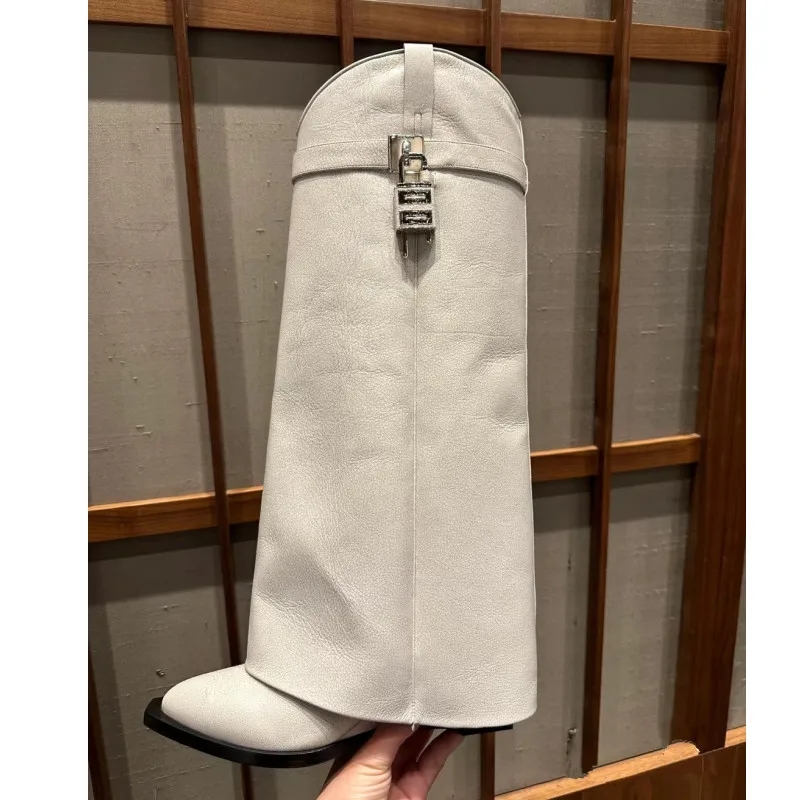 Women's Winter New Fashion Over Knee Long Boots Shark Lock Pattern Thick Sole High Heel Boots Brand Women's Long Leather Boots