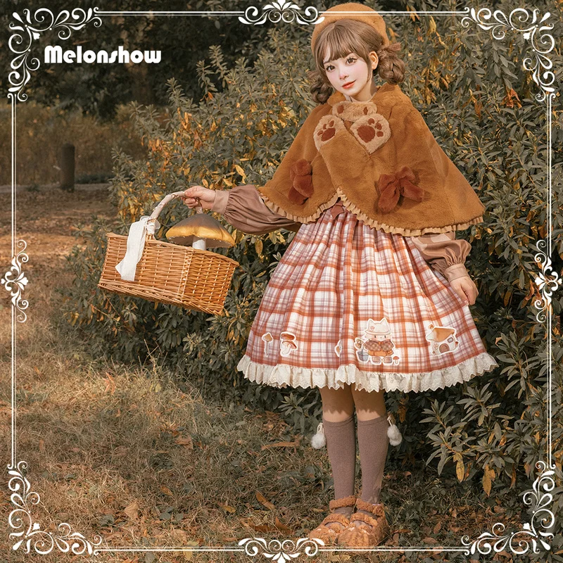 

Melonshow Japanese Sweet Cute Lolita Dress Mushroom Ancient Raccoon Jsk Retro Pastoral Princess Dress Kawaii Clothing for Girls