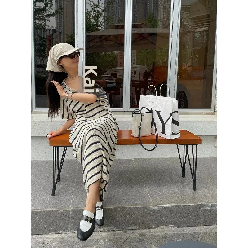 Весенне-летнее новое повседневное полосатое платье-рубашка-поло с длинными