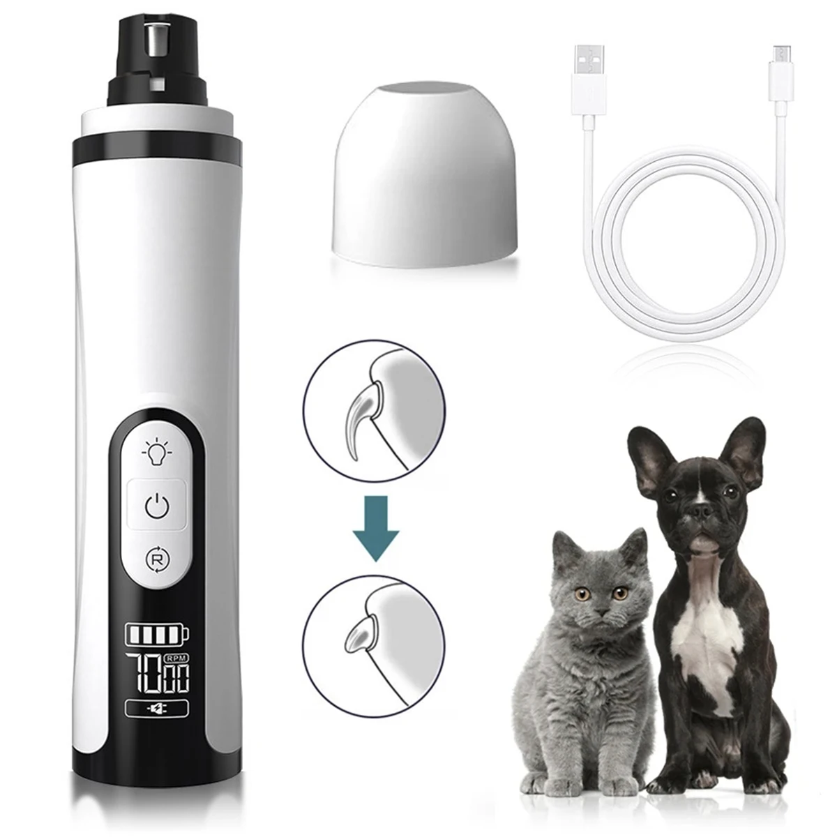 

Машинка для маникюра собак, бесшумный триммер для ногтей с 2 бритьями, 3 скорости, зарядка через USB, безболезненный уход за лапами для домашних питомцев