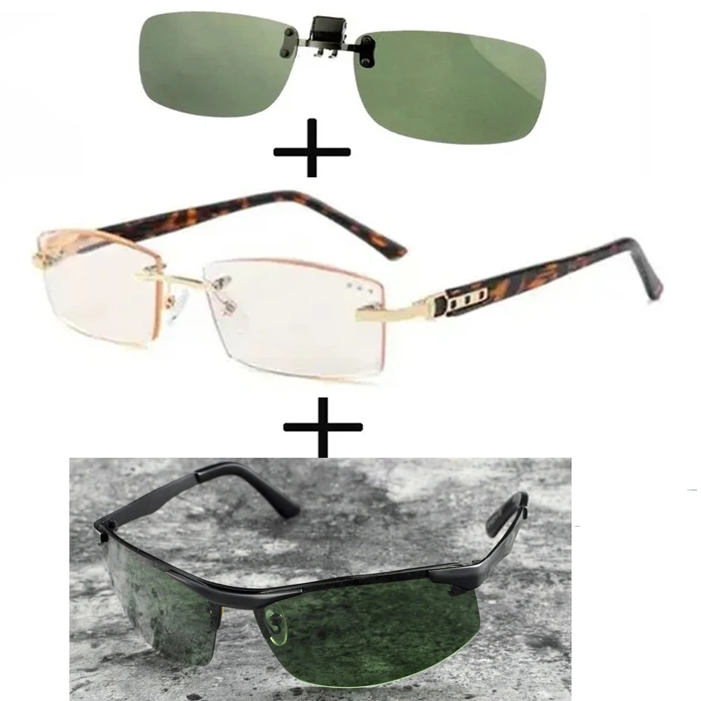 

3Pcs!!! Titanium Gentleman Diamond Cut Reading Glasses Men Women + Polarized Sunglasses Ultralight Pilot + Sunglasses Clip