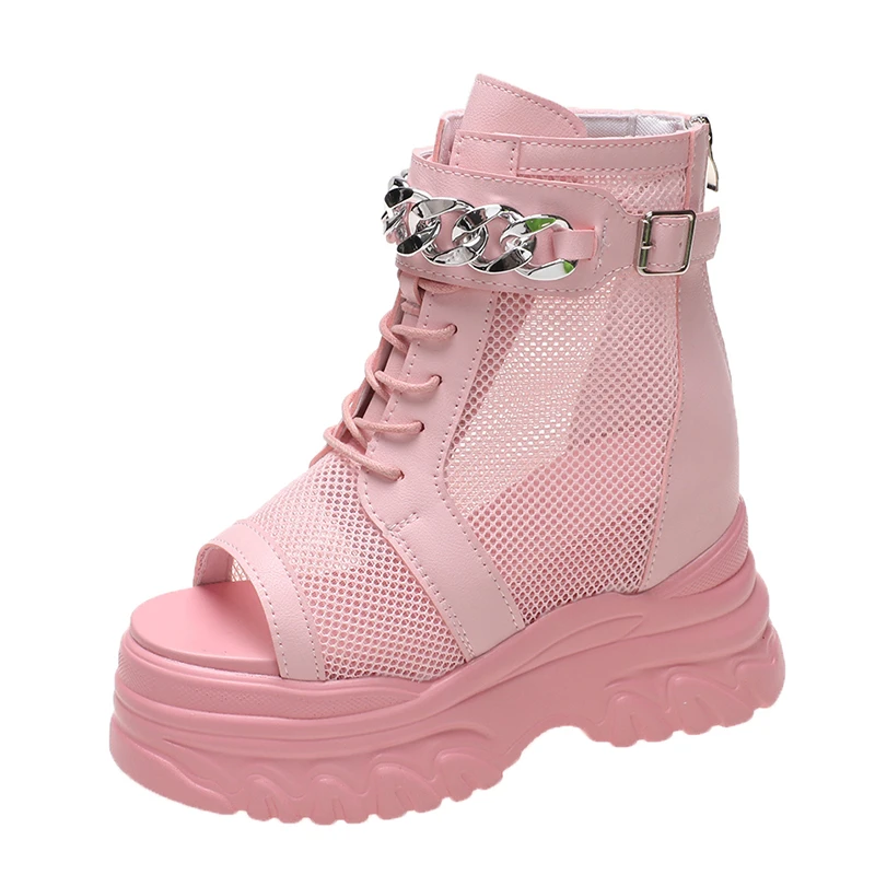 Platform Sandals Women 2023 Summer Breathable Mesh Sneakers Wedges 10CM High Heels Hollow out Chunky Chain Shoes Sandalias Mujer