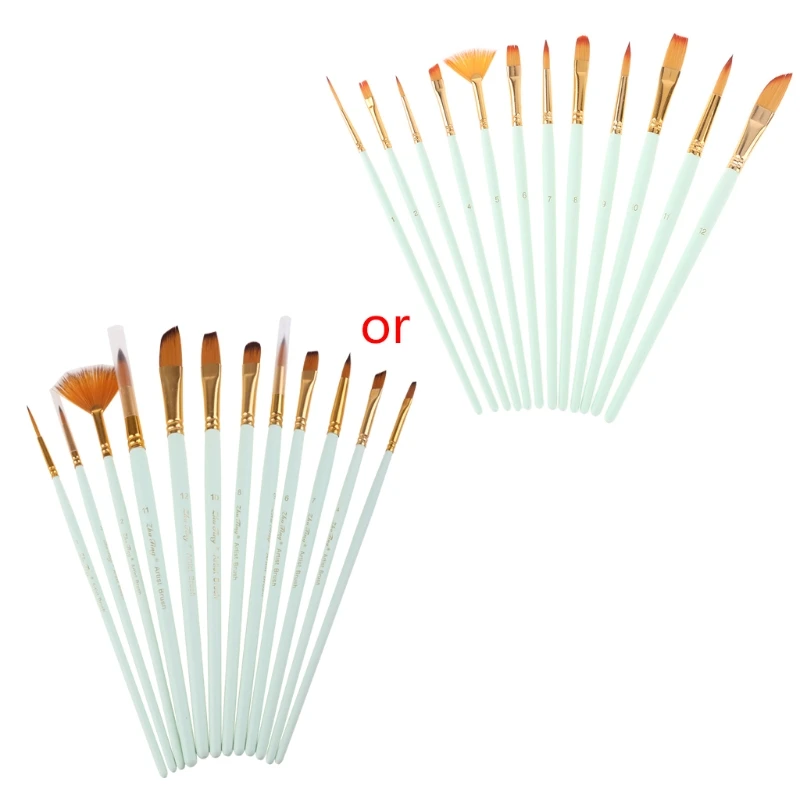 

E9LB 12 Pcs Artist Paint Brush Set Nylon Hair Watercolor Tools Acrylic Oil Painting Supplies