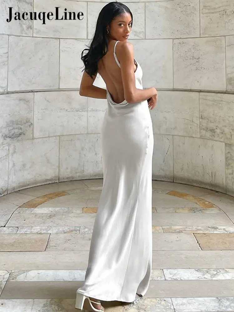 

Jacqueline 2022 Sexy Swinging Maxi Satin Dress Women Backless Split Summer Club Party Bodycon Dresses Elegant Spaghetti Straps