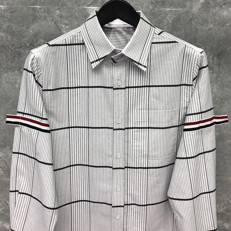 TB Man's Shirt Long Sleeve New Shirts Men Slim Casual Plaid Shirt Turn Down Collar Oxford Cotton Striped Men's Clothing