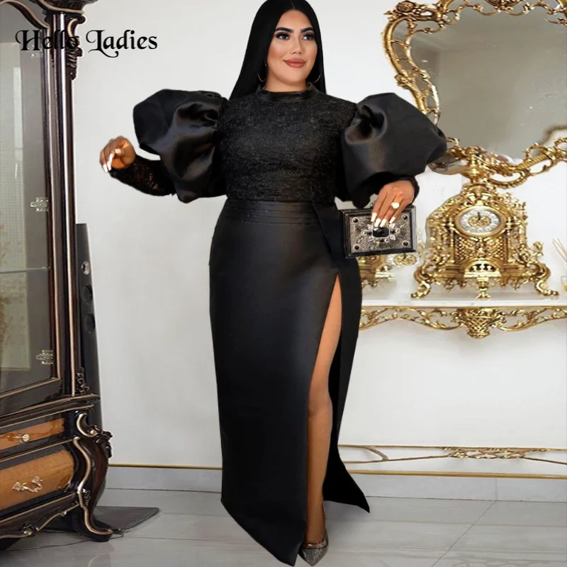 HL Plus Size Evening Party Dress Black Long Lantern Sleeve High Waist Sexy Slit Event Dress Outfit  African Prom Gowns for Women