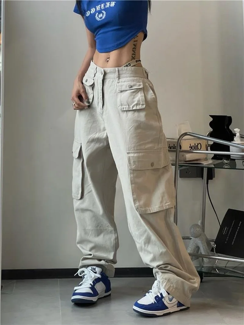 

Брюки-карго женские с карманами, винтажные свободные штаны в стиле Хай-стрит, повседневные уличные брюки в стиле хип-хоп с завышенной талией, Y2K