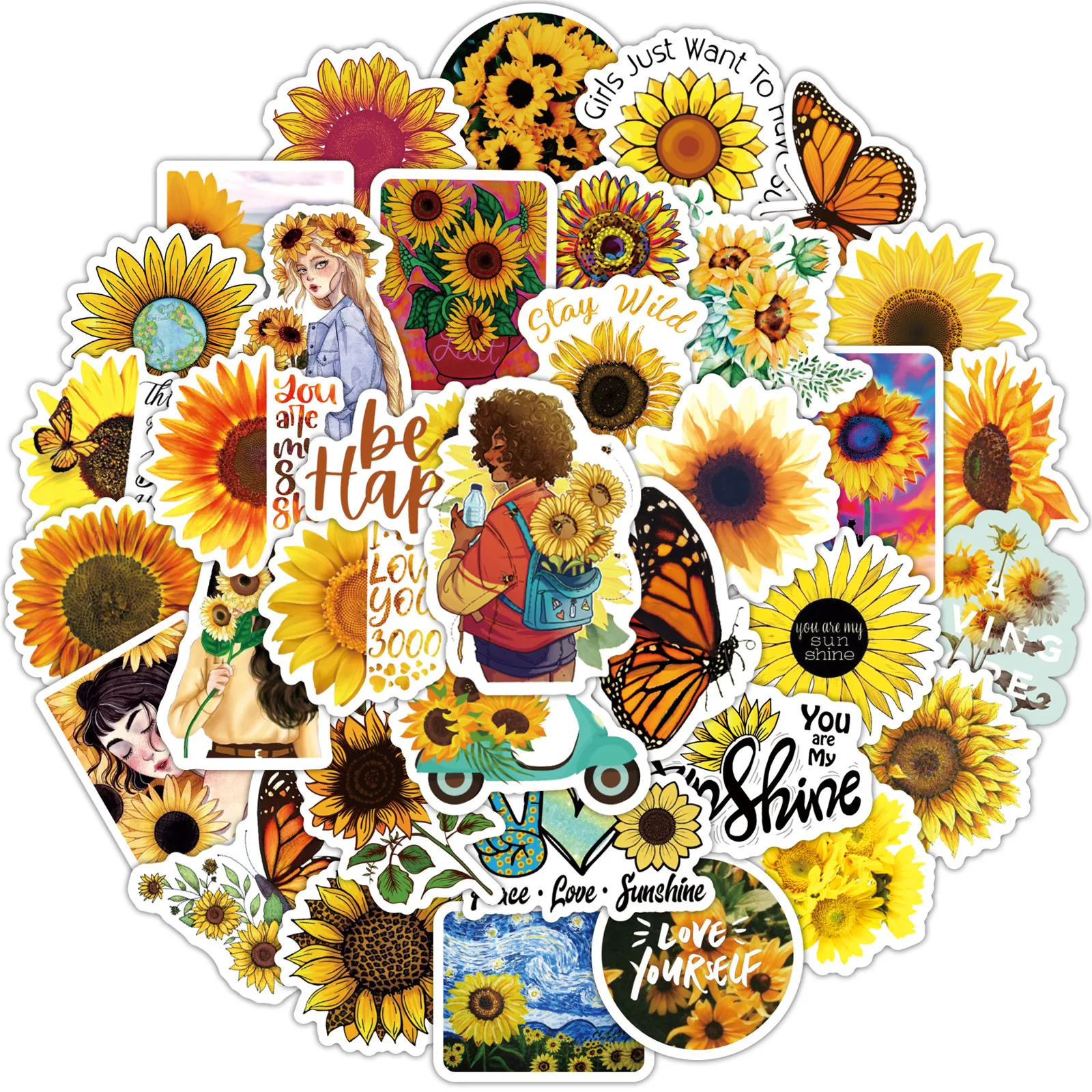 

10/30/50Pcs Sunflower Sunshine Stickers Flower Decals Kids Toy Luggage Guitar Laptop Car Scrapbook Notebook DIY Graffiti Sticker