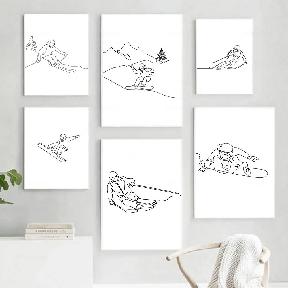 

Winter Sport Skiing Line Drawing Art Canvas Painting Abstract Ski Print Skier Sketch Minimalist Posters Wall Picture Home Decor