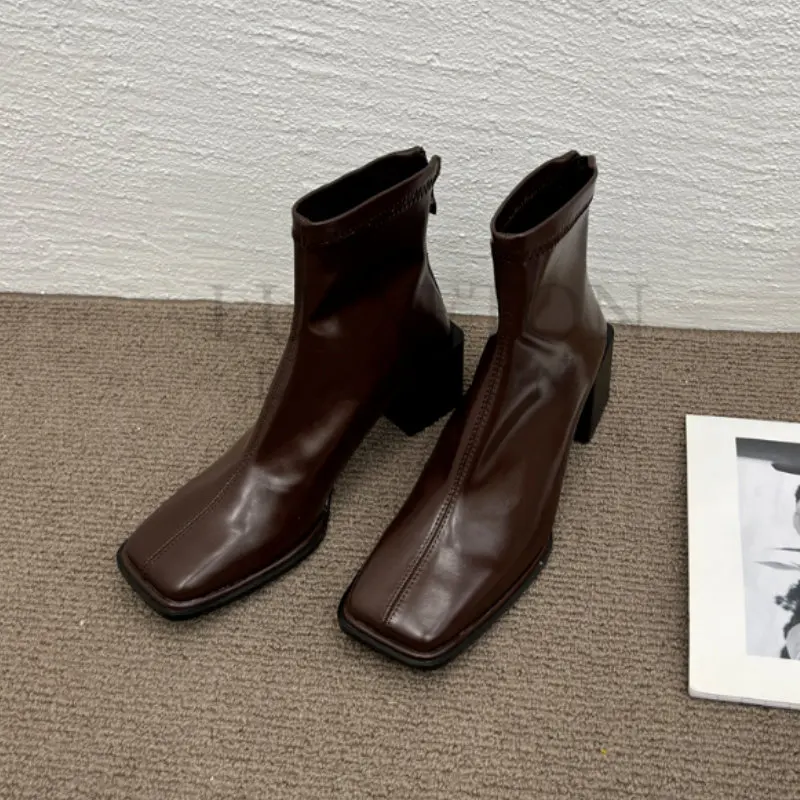 Autumn Design Heel Ankle Boot Fashion Square Toe Zipper Ladies Casual Chelsea Boots Shoes Soft Leather Short Boot