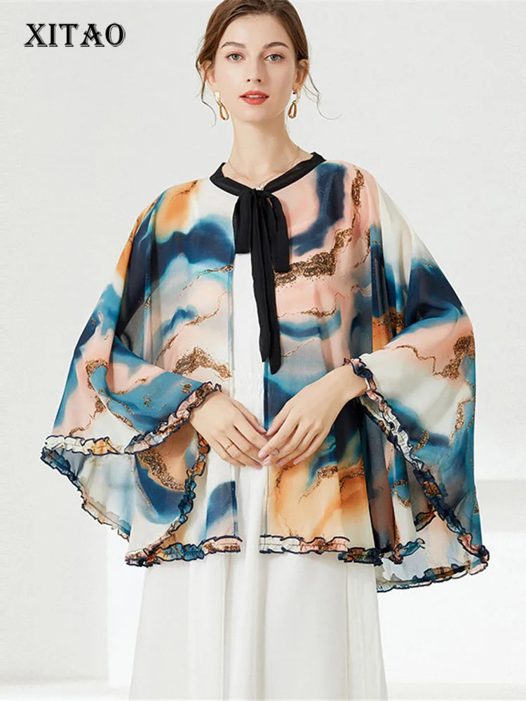 

XITAO Print Pattern Wraps Fashion Women Bow Small Fresh Chiffon Ruffle 2022 Summer Minority Elegant Loose Wraps WMD6553
