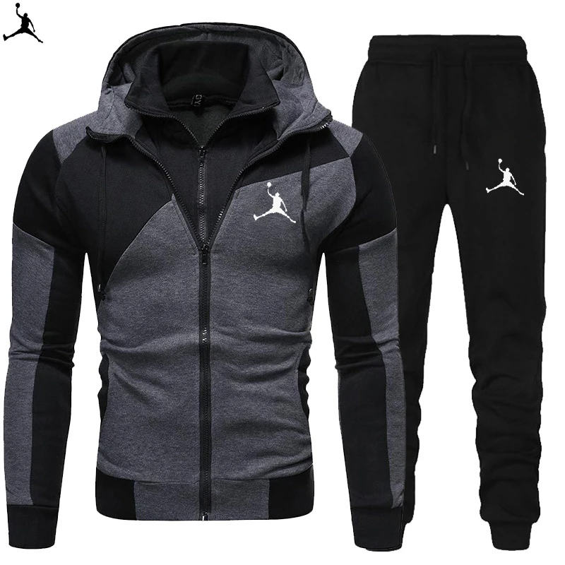 

JOD Black and White New Sports Brand Men's Hoodie+Sweatpants Double Layer Zipper Jogging Fitness Sportswear Fashion Casual Set