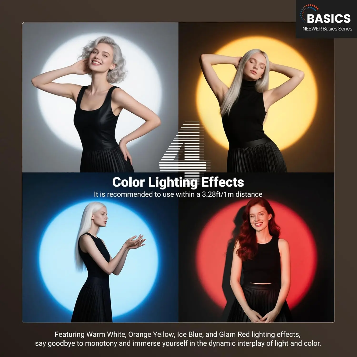 Фото Фонарь для фотосъемки NEEWER Basics RGB, 4 цвета/20 GOBO-фильтров/CRI95+/7500 мАч, 10 Вт, 6300K, портативный светодиодный видеосветильник №2