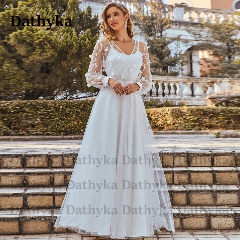 

Dathyka Tulle Full Sleeve Wedding Dresses For Mariages V-Neck Zipper Classic Appliques Court Train A-Line Vestido De Casamento