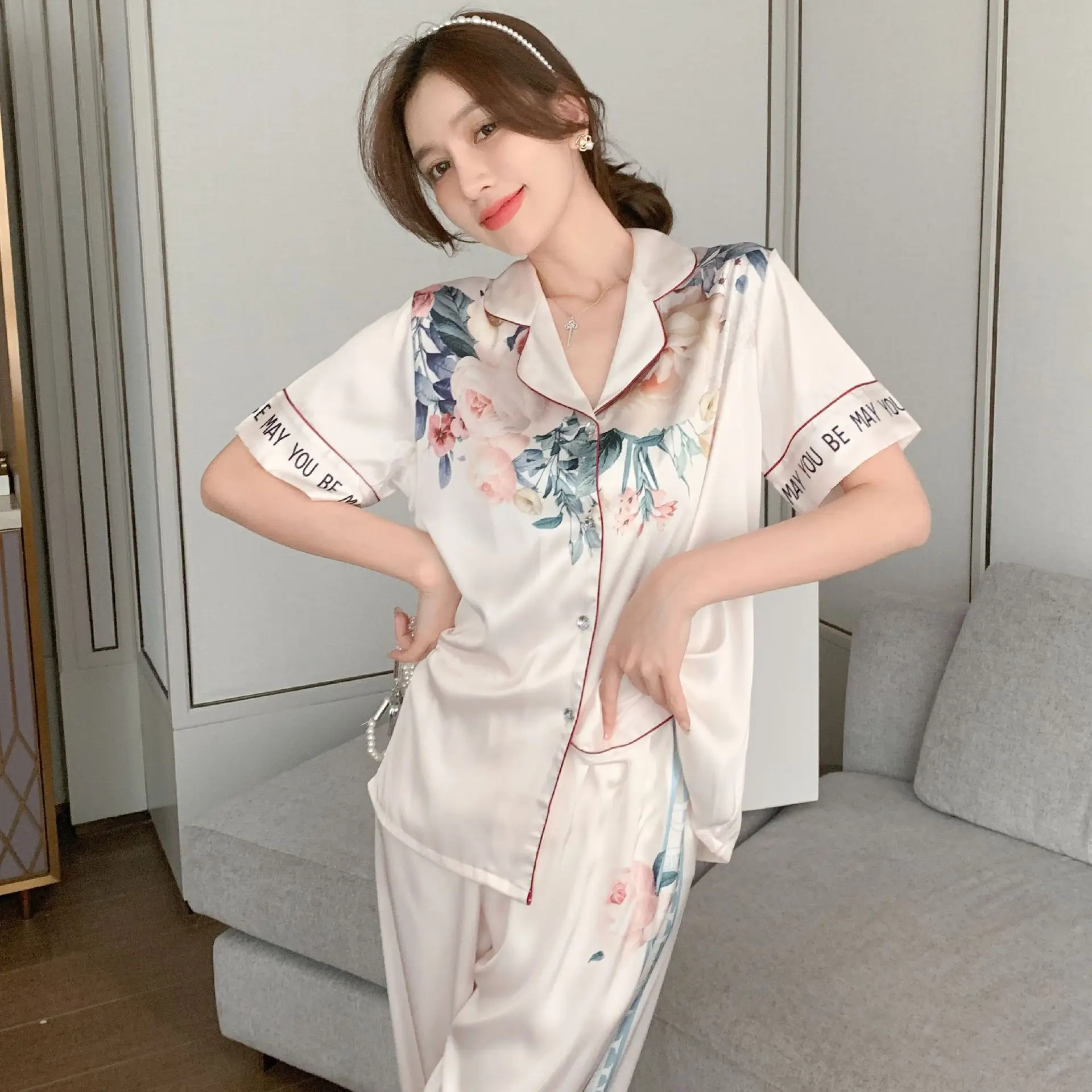 Women's summer ice silk cool feeling pajamas short sleeved cardigan printed two-piece set 2023 new home wear