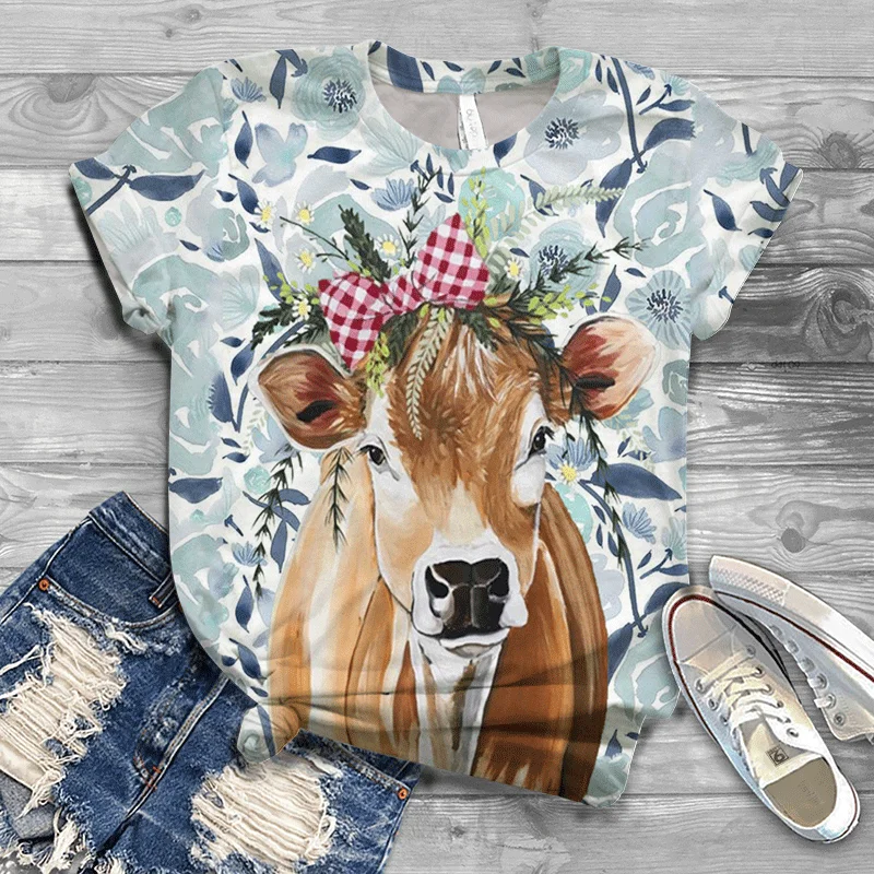 

Women's Casual Tshirt Summer O Neck Cow Graphic Printed Short Sleeve T-Shirt Harajuku Oversized Streetwear Tees Tops FemaleShirt