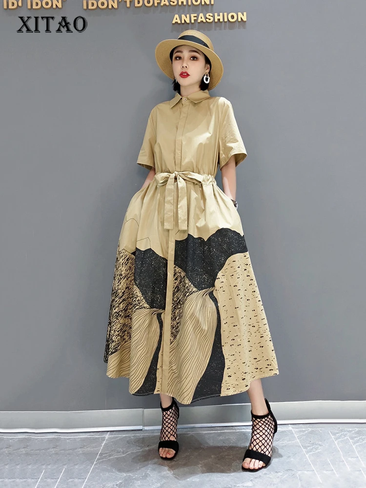 

XITAO Print Pattern Dress Fashion New Women Bandage Pocket Goddess Fan Casual Style 2021 Summer Minority Loose Dress LDD1306