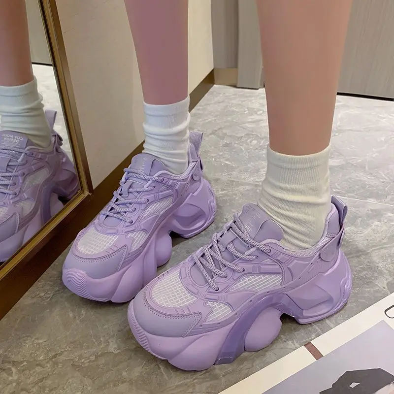 Thick Bottom Ins Breathable Clunky Sneakers Women's 2023 Spring and Summer New Genuine Leather Show Feet Small Casual Shoes