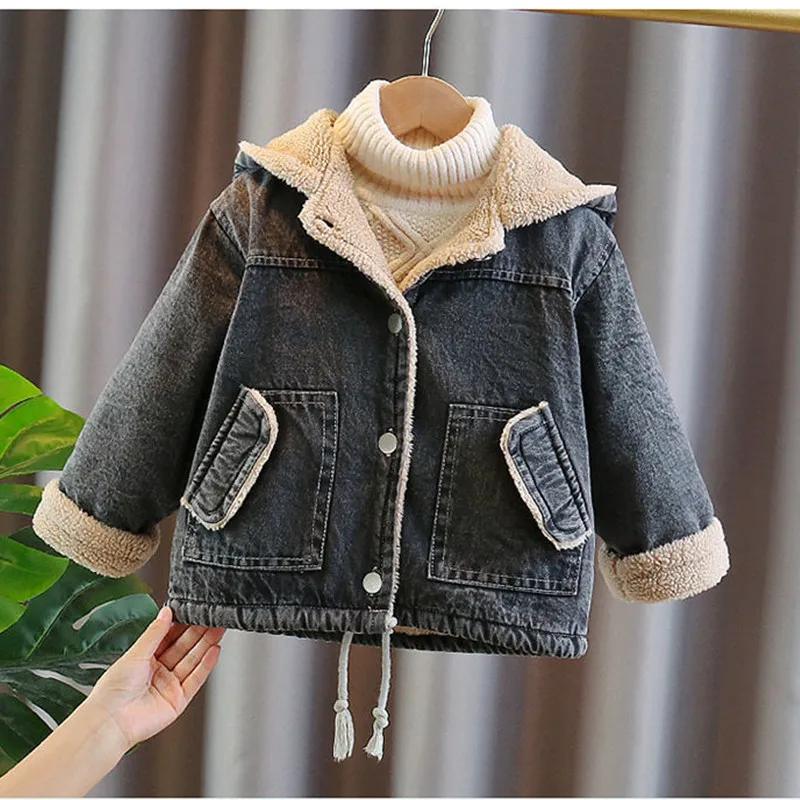 

Thick Warm Teen Boys Kids Girls Denim Coat Velvet Fur Hooded Jackets Outerwear Top Autumn Winter Children Warm Overcoat 2-7Y