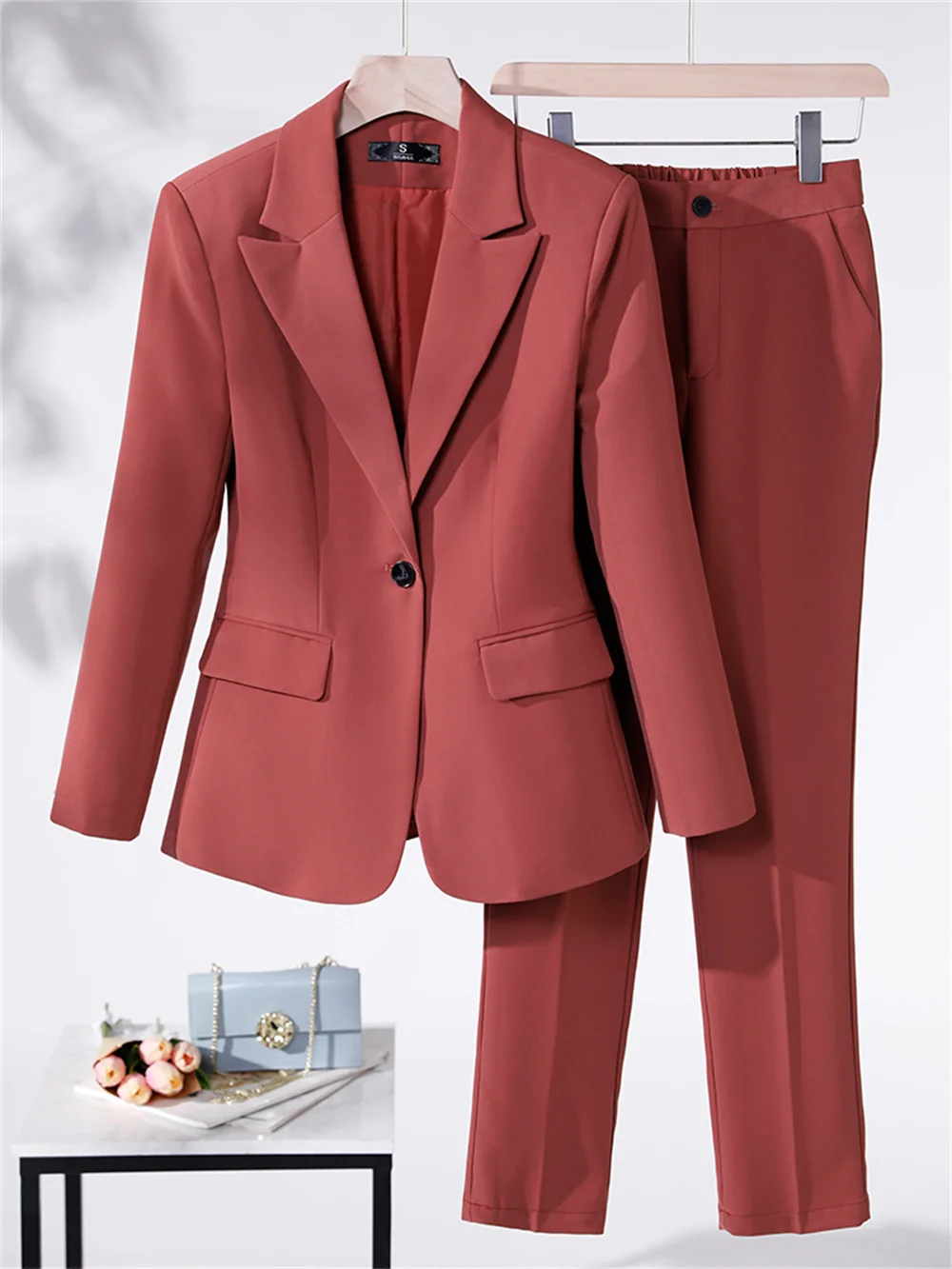 Women 2 Piece Set Coffee Red Black Blue Blazer Jacket and Trouser Office Ladies Business Work Wear Formal Pant Suit