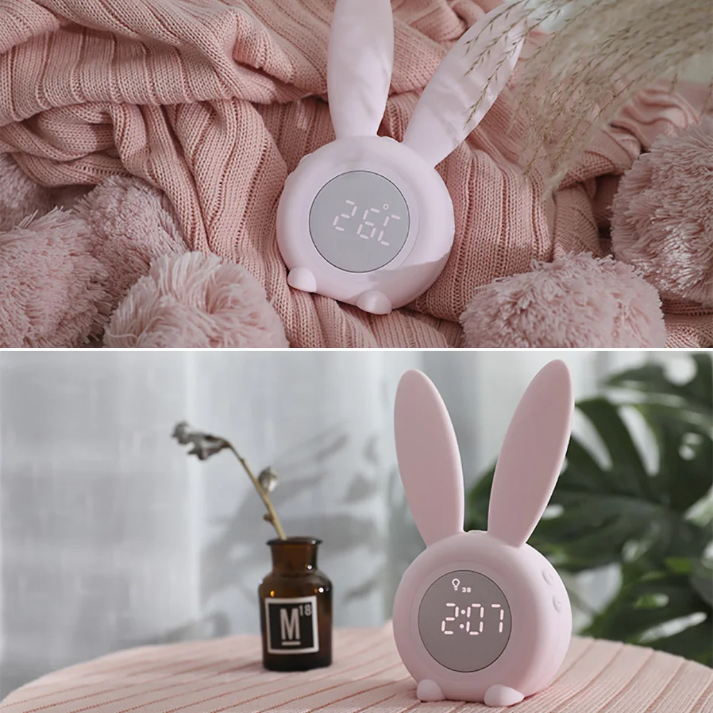

Cute Bunny Ear LED Digital Alarm Clock Electronic USB Sound Control Rabbit Night Lamp Desk Clock Home Decoration