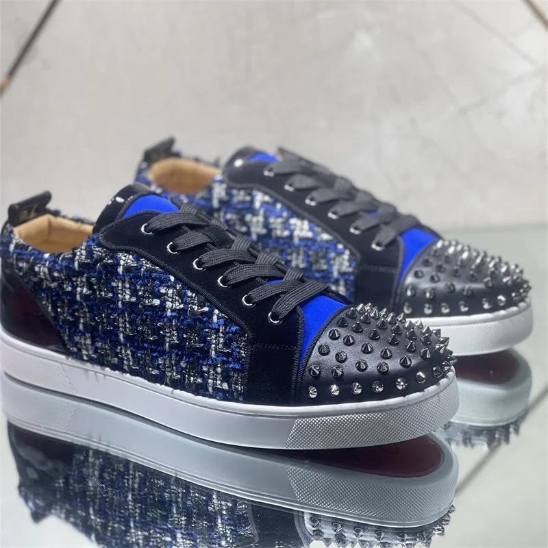 

Luxury Low Top Black Braided Red Soles Men's Casual Sneakers Studded Loafers Women's Breathable Driving Spikes