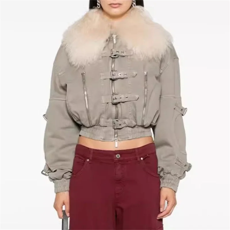 

Женское зимнее пальто, новинка 2023, корейская мода, приталенные шерстяные куртки с воротником для женщин, высококачественный Топ с длинным рукавом, джинсовая куртка-пилот