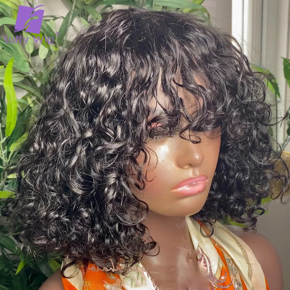 

Bouncy Curly Short Bob Wig With Bangs Full Machine Made Human Hair Wig Pixie Cut Glueless Wigs No lace Remy Brazilian For Women