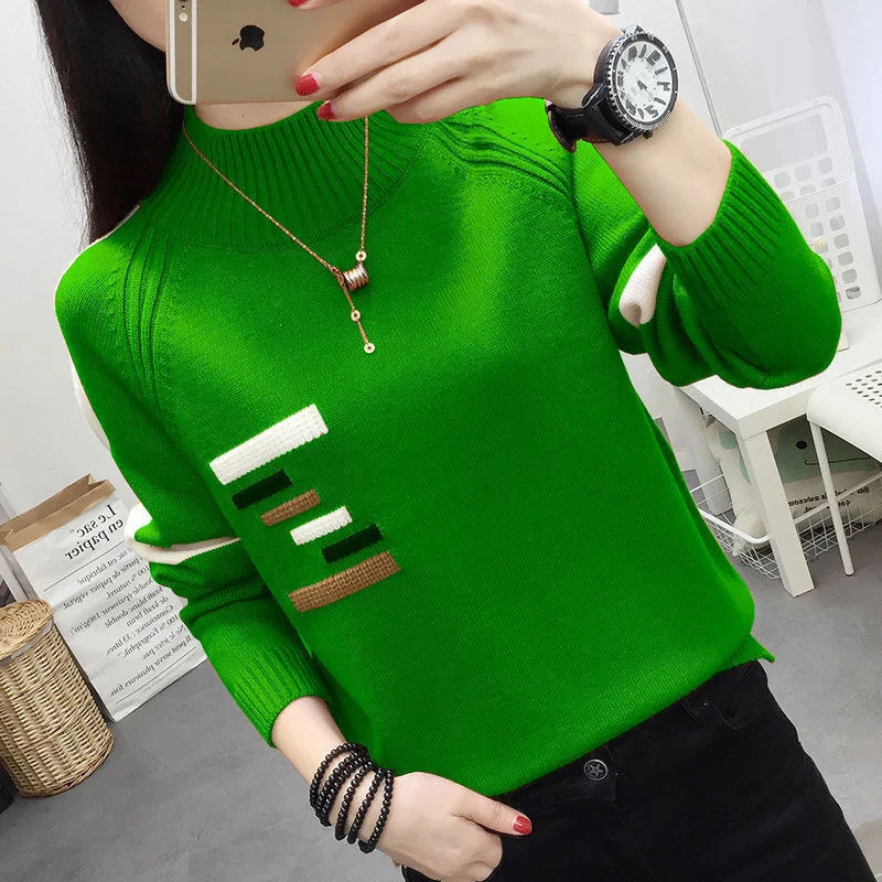 

Fashion Half High Collar Knitted Spliced Loose Sweater Women's Clothing 2022 Autumn New Oversized Casual Pullovers Tops