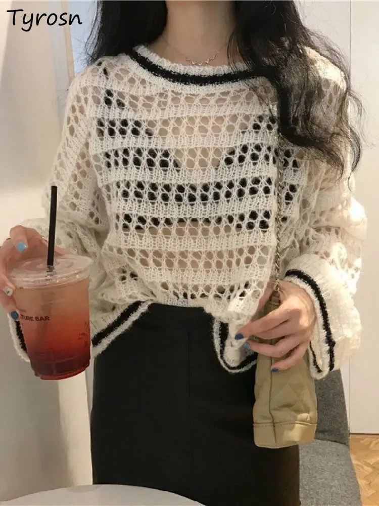 

Pullovers Women Hollow Out Sun-proof Daily Retro Fashion Korean Style Spring Loose Simple All-match Students Streetwear Leisure