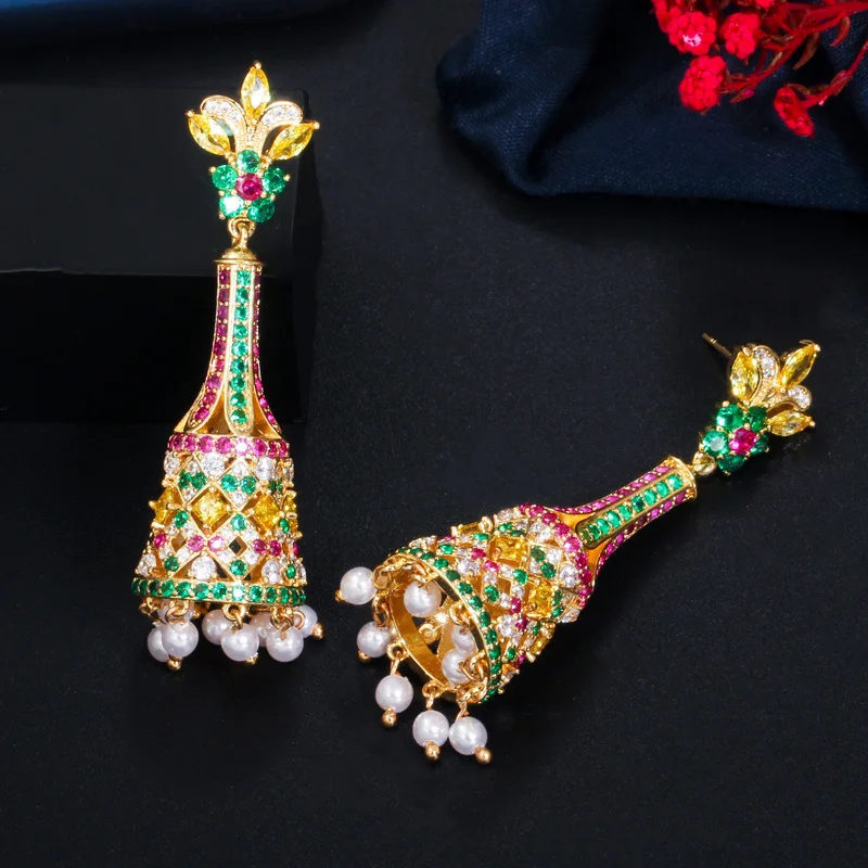 

ThreeGraces Vintage Multicolor Cubic Zirconia Bell Shape Long Tassel Drop Earrings for Women Gold Color Boho Party Jewelry E1426