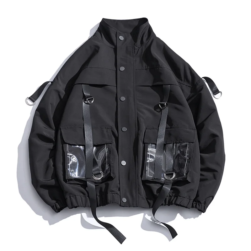 

2023 Men Military Jacket Coats Casual Windbreaker Ribbons Pockets Men's Overalls Bomber Jacket Hip Hop Streetwear Man Outwear