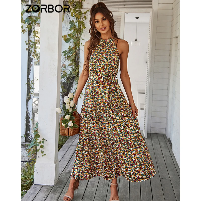 

ZORBOR Dresses For Women 2022 Floral Dress Sleeveless Printed Long Dress Halter Neck Skirt Temperament Female