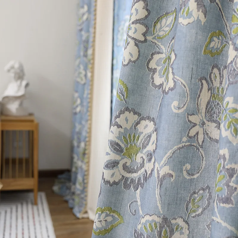 Azul retro americano grande flor winding videira cortinas para sala de estar jantar quarto (0)