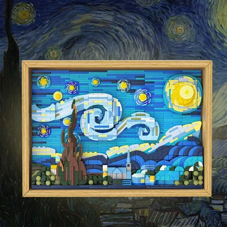 

2023 New Ideas Vincent Van Gogh Pixel 3D Famous Painting World Masterpiece Starry Night LED Light Building Block Brick Toy Gift