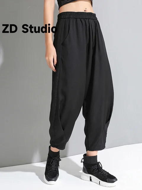 

[ZD Studio] High Elastic Waist Black Pleated Long Wide Leg Trousers New Loose Fit Pants Women Tide Spring Summer 2023