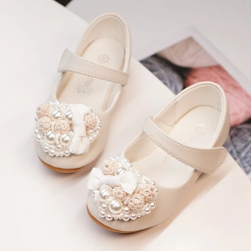 

Sweet Children Princess Shoes Pearl Beading Lovely Little Girl's Bowknot Mary Janes Pink Beige Kids Spring Autumn Leather Shoes