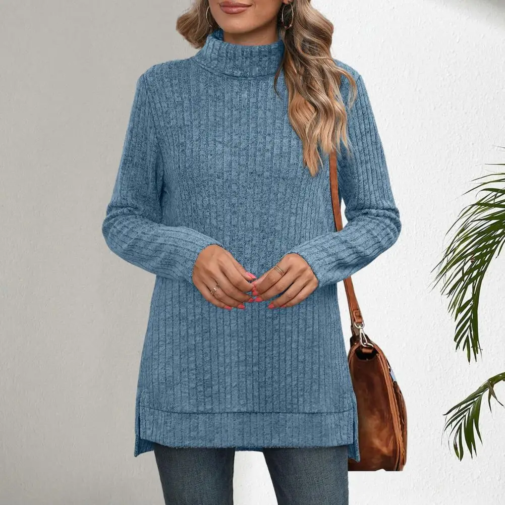 

Women Turtleneck Knitted Sweater Long Sleeve Side Split Pullover Sweater Solid Color Loose Knitwear Autumn Winter Casual Fashion