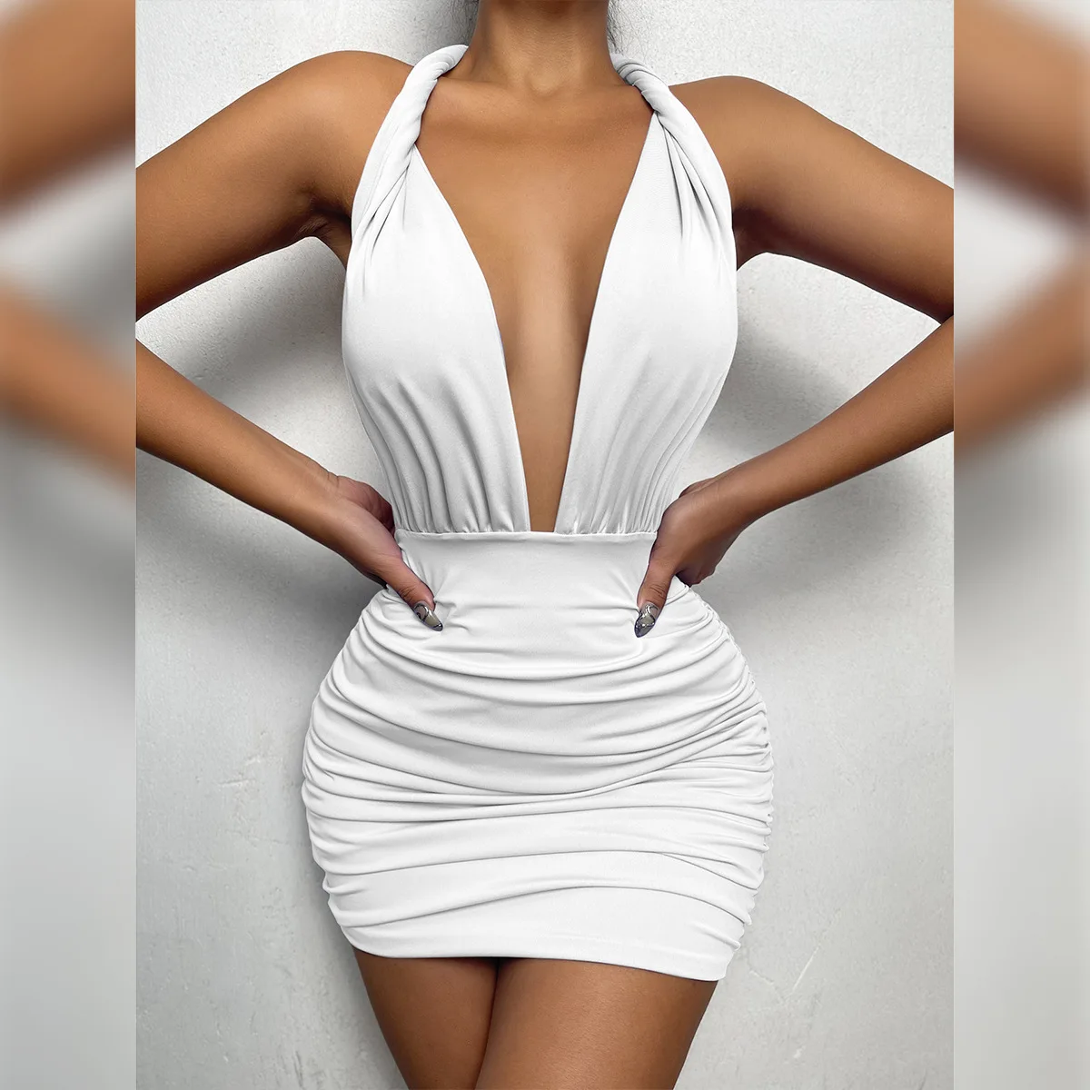 

Summer Women Halter Ruched Dress Hollow Out Backless Sexy Club Party Bodycon Dress Party Ruched Mini Dress For Women Vestidos