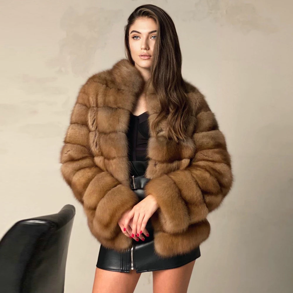 Women Trendy Natural Fox Fur Jacket Winter New Sable Color Genuine Fox Fur Coat Medium Length Thick Warm Fur Overcoat For Woman