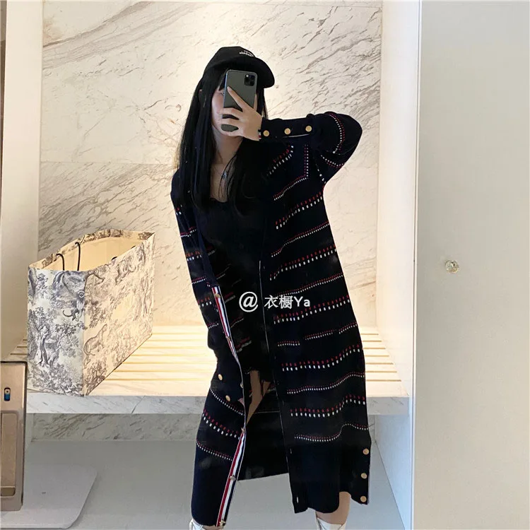 Spring New High Quality TB Korean Style Hit Color Stripe Mid-length Knitted Skirt V-neck Sweater Cardigan Net Red