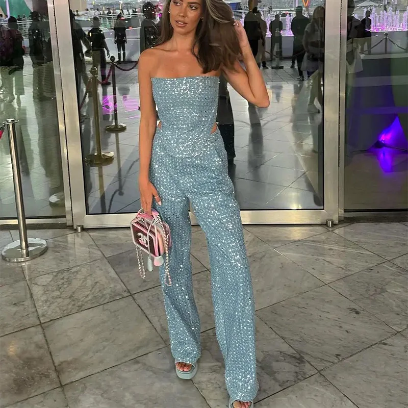 Женский джинсовый костюм из двух предметов Топ без бретелек и широкие брюки с